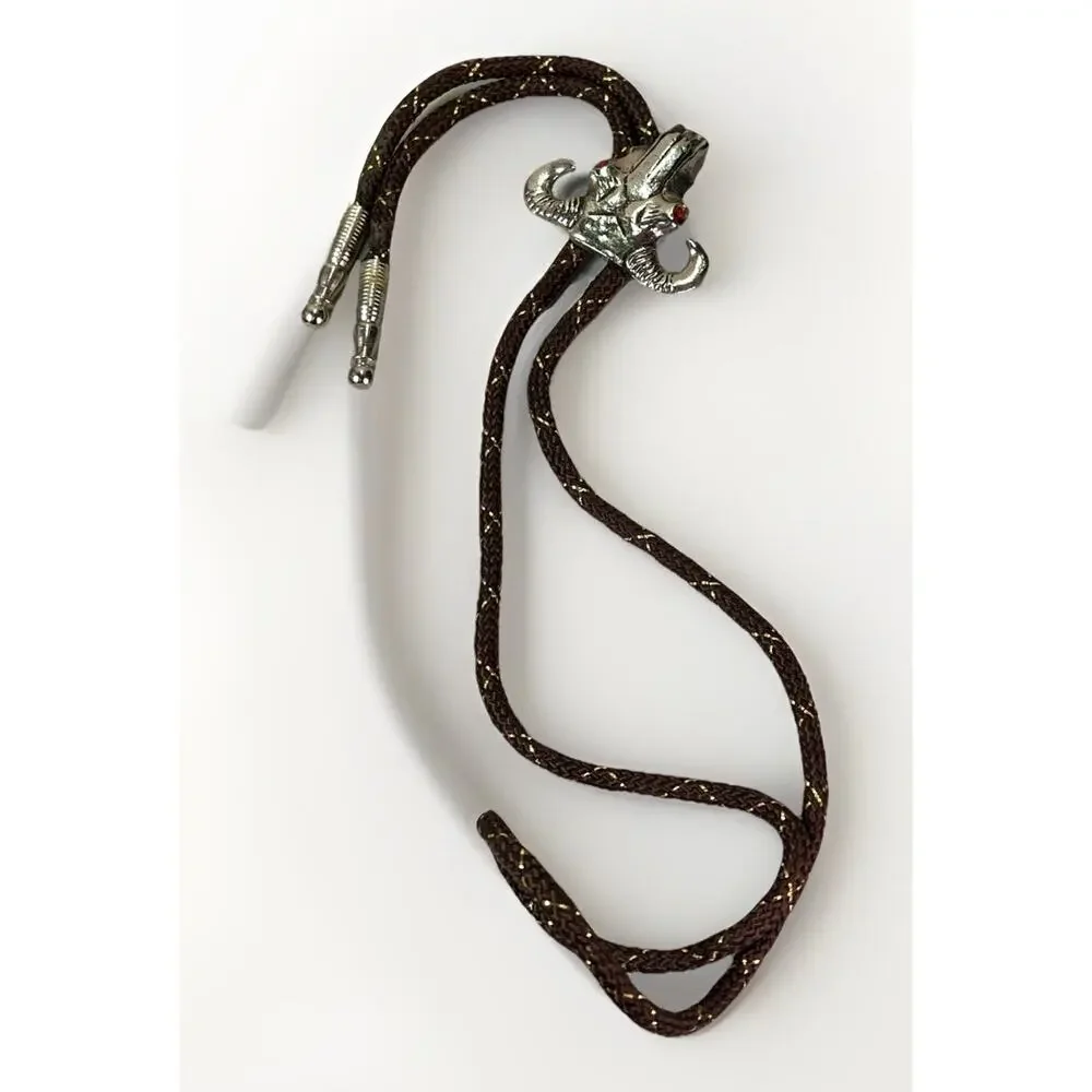 Western Ram Skull Bolo Tie Silver Tone Red Eyes Brown Braided Cord 33”